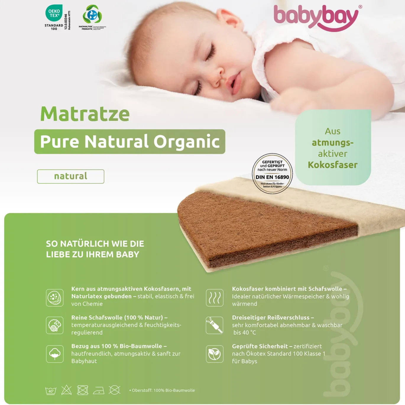 Matratze Pure Natural Organic für Maxi, Boxspring und Comfort Plus