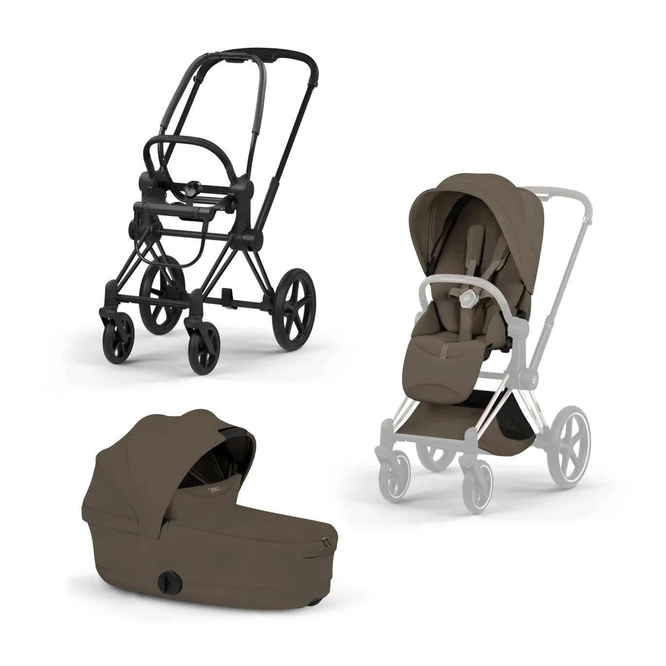 Set Priam Style Rahmen Matt Black mit Wanne und Sitzpaket in Dark Brown 26